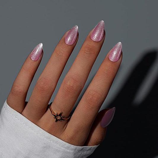 KQueenest Cat Eye Press On Nails Short, Acrylic Press On Nails Almond, Sparkle Rose Pink Fake Nails With Glue, Recycled Soft Gel Glue On Nails for Woman, Long-Lasting Glitter Effect, 30 Pcs