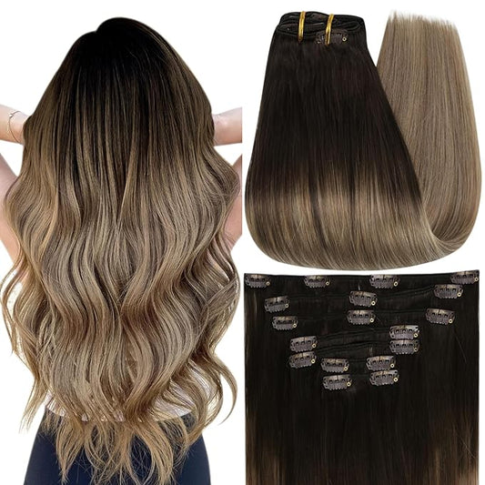 Full Shine Balayage Hair Extensions Real Human Hair Dark Brown to Medium Brown Mix Ash Blonde Clip in Hair Extensions Double Weft Short Hair Seamless Clip ins 12 Inch 95 G 7 Pcs