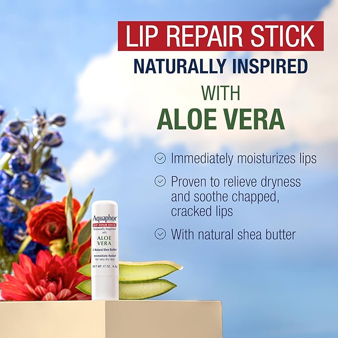 Aquaphor Naturally Inspired Lip Repair Stick with Aloe Vera and Natural Shea Butter, Hydrating Lip Balm Stick Immediately Relieves Dryness and Soothes Chapped Lips, 0.17 Oz Stick, Pack of 3