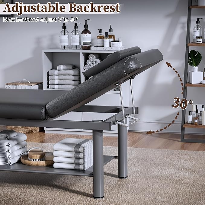 Olela Heavy Duty Stationary Massage Table with Adjustable Backrest, 31.5" Wide Professional Spa Facial & Therapy Bed, Metal Frame PU Leather Treatment Table for Salon & Clinic