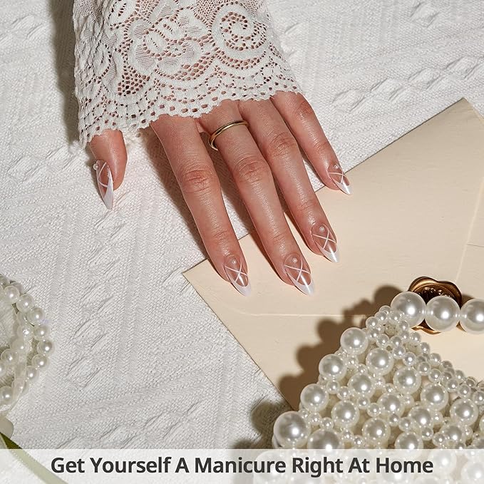 BTArtbox French Tip Press On Nails - Lamp-Curable Pearl Accents Chrome Almond Press On Nails with Glue for Women, Soft Gel Glue On Nails in 15 Sizes - 30 Stick On Nails Kit, Heel Click