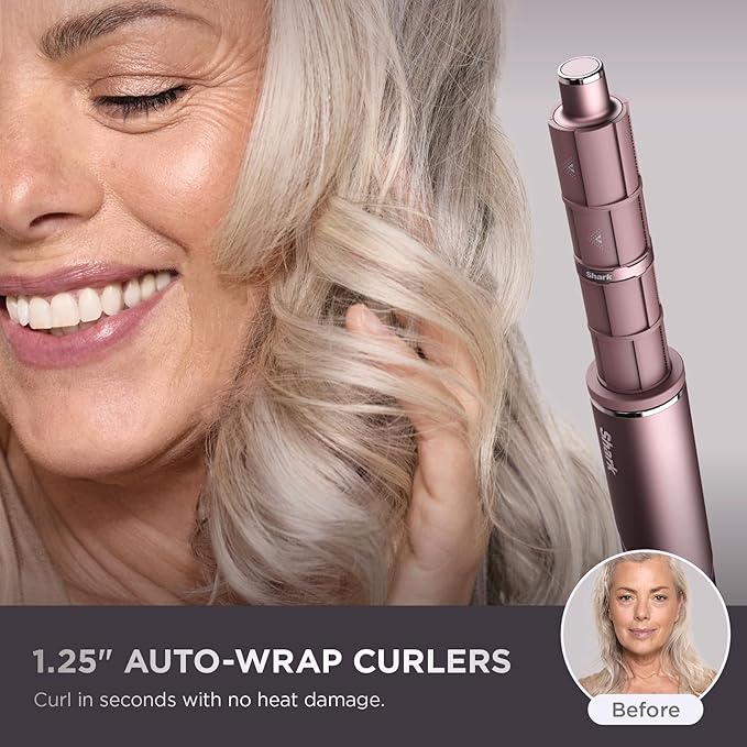 Shark FlexFusion Hair Straightener & Powerful Hair Dryer with Diffuser, Fusion Hair Brush, Ceramic Air Styler with Auto-Wrap Hair Curlers, Ceramic Plates, Cosmic Blush HD642S