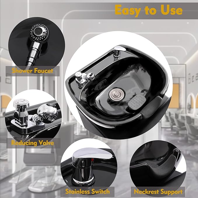 Backwash Barber Chair, Shampoo Bowl Chair with Neckrest, Ceramic Shampoo Bowl Sink Unit, Hair Washing Station with Foot Pedal, Backwash Shampoo Station Chair for Barbershop