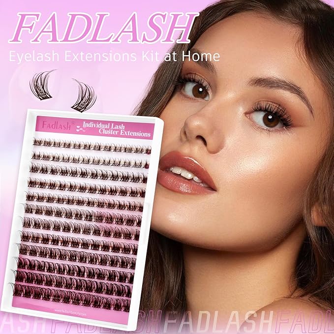 FADLASH Lash Clusters Brown Natural Eyelash Clusters DIY D Curl Cluster Eyelash Extensions with Soft Thin Band Reusable Individual Lashes for Self Use (R028, 8-16mm)