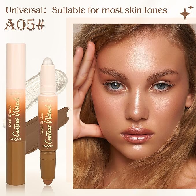 Contour Highlighter Stick，2in1 Dual-Ended Cream Bronzer&Highlighter Sticks for Face Body Contouring Makeup- Buildable，Waterproof, Easy to Apply Suitable for Beginners，05Nuetral Nude+Silver Shimmer