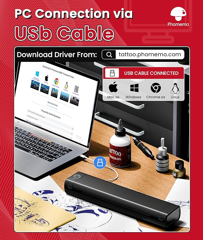 Phomemo Bluetooth Tattoo Stencil Printer, Wireless M08F Tattoo Machine with 10pcs Free Transfer Paper, Thermal Portable Printer for Artists & Beginners, Compatible with Phone, Tablet & PC, Black