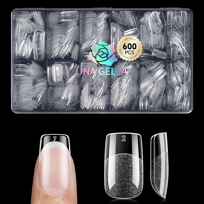UNA GELLA Short Square Gel Nail Tips 600Pcs, Square Press on Nails Pre Etched Full Cover Soft Gel Nail Tips No C Curve For Women Girl DIY French & Chrome Style Salon At Home 12 Sizes