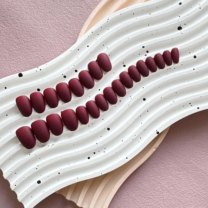 Matte Wine Red Press on Nails Short Almond Fake Nails Press ons, Thick Solid Color Glue on Nails Short False Medium Almond Nail Oval Round Shaped for Women, 24Pcs Natural Acrylic Gel Nail