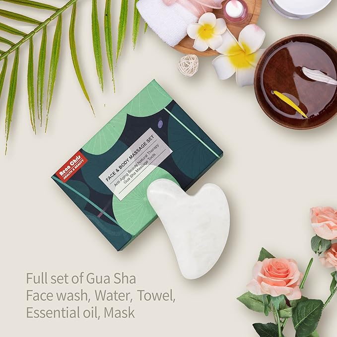 Rena Chris Gua Sha Facial Tools: Natural Jade Stone Guasha Tool for Face Acupuncture Therapy, Facial Massager for Jawline Sculpting and Puffiness Reducing (White)