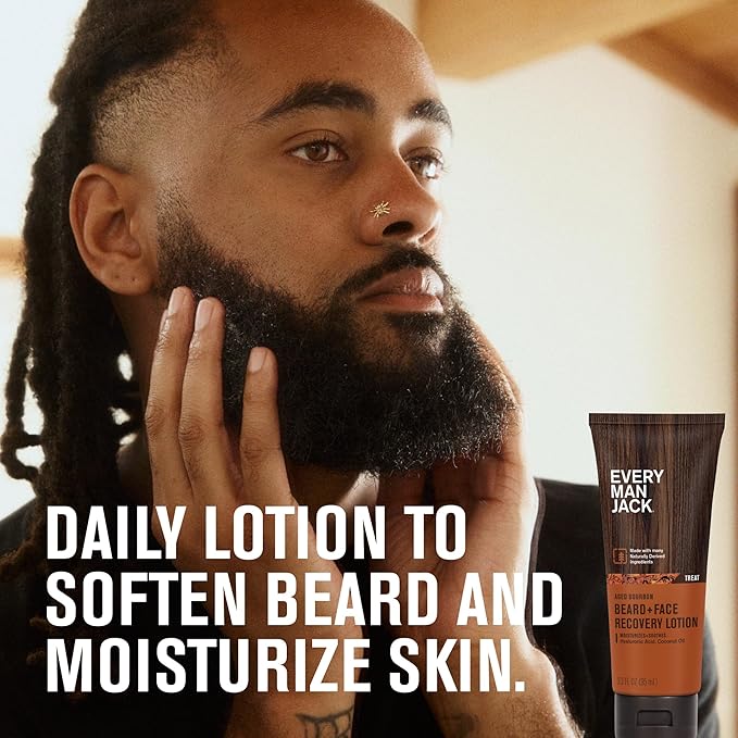 Every Man Jack Beard + Face Recovery Lotion - Moisturizes Relieves Dry Skin and Beard Itch - Light Aged Bourbon Scent - Made w/Naturally Derived Ingredients like Coconut Oil, and Witch Hazel - 3.2 oz (2 Pack)