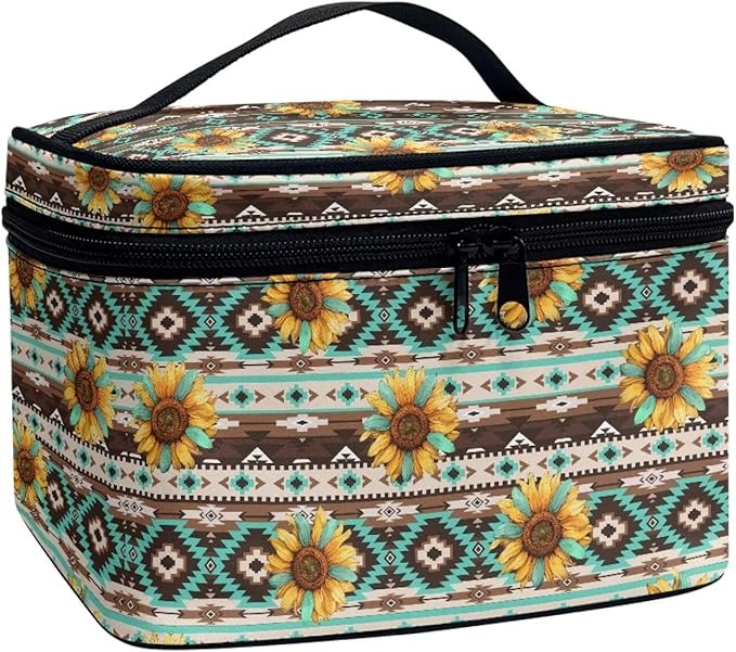 Navajo Aztec Tribal Sunflower Pattern Travel Makeup Bags for Women Portable Tote Cosmetic Case with Carry Handle Toiletry Accessories Storage Organizer Bags