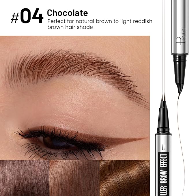 Pudaier 2 Pack 2 Fine Tip Eyebrow Pen, Waterproof Filling Faux Brow Makeup Pencils for Women with Precise Curved Brush-Tip to Fast Create Natural Hair-Like Brows, Last All-Day (Chocolate)