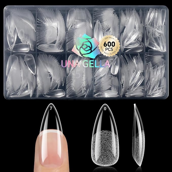UNA GELLA Medium Stiletto Gel Nail Tips 600Pcs, Medium Stiletto Press on Nails Almond Shape Pre Etched Full Cover Soft Gel Nails Tips for Nail Extensions Christmas Art DIY Salon 12 Sizes at Home