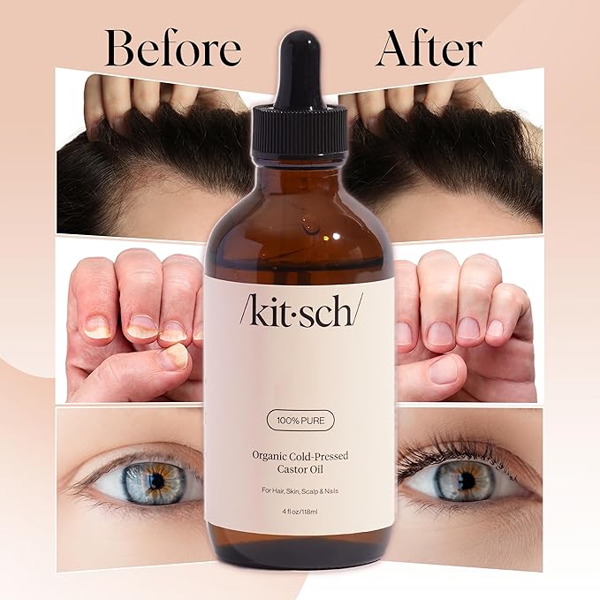 Kitsch Organic Castor Oil for Hair Growth - 100% Pure Castor Oil, Organic Cold Pressed Unrefined Glass Bottle for Face, Skin, Lashes, Brows, Scalp, Nails & Belly Button - Hexane Free, USDA - 4 oz