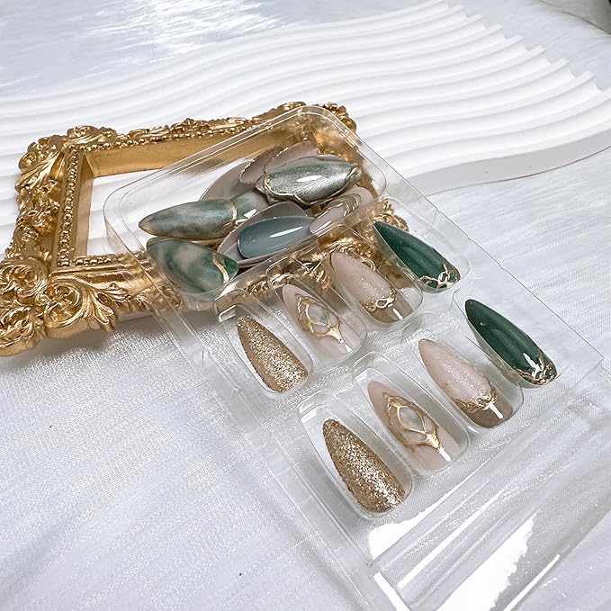 24pcs Almond Press on Nails Medium Fake Nails with 3D Gold Stripe Glitter Designs Glue on Nails Gold False Nails Kit Full Cover Stick on Nails for Women Nail Decoration