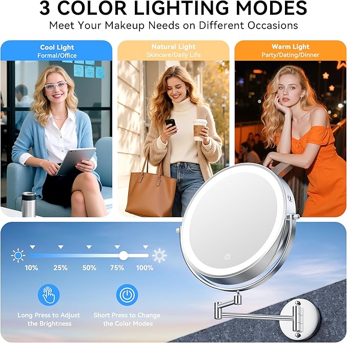 10'' 30X/1X Wall Mounted Lighted Makeup Mirror, 5000mAh Rechargeable Double-Sided Magnifying Mirror with Light, LED Vanity Mirror Touch Dimmable 3 Colors 360° Rotation Extended Foldable Arm, Chrome
