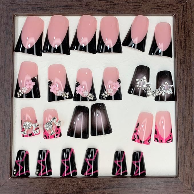 BABALAL Duck Nails Press on Short Fake Nails Black Pink Glue on Star Charm Y2k Stick on Acrylic 24Pcs Duck Bill Gothic Manicure Reusable Artificial Full Cover False Nail