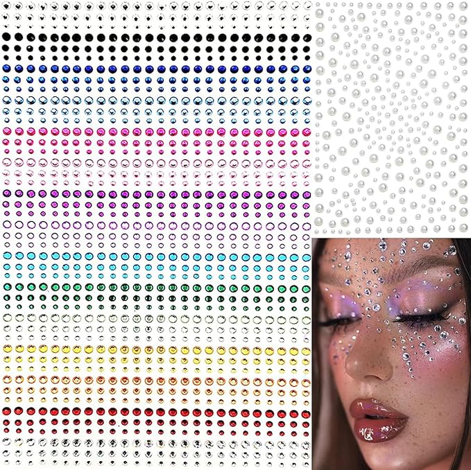 1450 Pieces Eye Face Gems White Pearls Self-Adhesive Rhinestone Stickers for Makeup, Rainbow Glitters Jewels Face Stickers, for DIY Nail Body Accessories