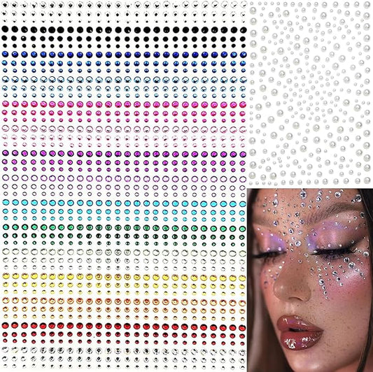 1450 Pieces Eye Face Gems White Pearls Self-Adhesive Rhinestone Stickers for Makeup, Rainbow Glitters Jewels Face Stickers, for DIY Nail Body Accessories