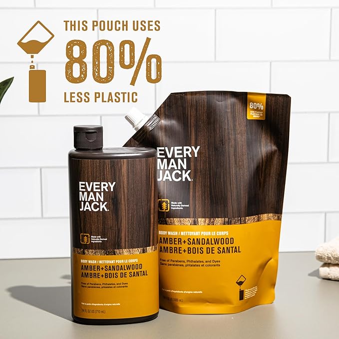 Every Man Jack Amber + Sandalwood Mens Body Wash Refill Starter Pouch - Naturally Derived Ingredients - Paraben Free, Phthalate Free, Dye Free - (1-36oz pouch, 1-24oz bottle)
