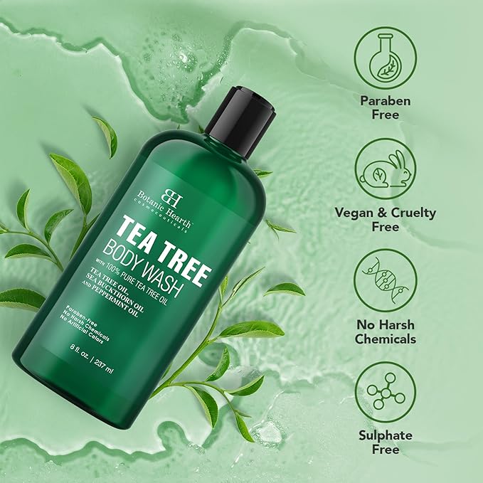 Botanic Hearth Tea Tree Body Wash | 8 Fl Oz | Helps Soothe Itchy, Dry Skin, Antifungal Body Wash With 100% Pure Tea Tree Oil | Sulfate Free, Paraben Free, For Men And Women