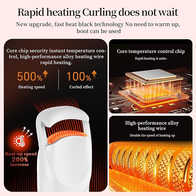 Heated Eyelash Curler for Natural Lashes 2-Level Adjustable Temperature Mini Electric Lash Curler Fast 3-Second Heat Up 24 Hours Long-Lasting Curl