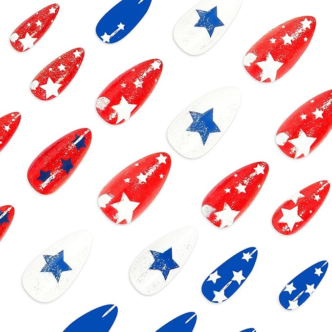 IMRAIN Independence Day Press on Nails Medium Almond Fake Nails Red Blue Star False Nails Full Cover Sparkly Glue on Nails Glossy Glitter Stick on Acrylic Nails for Coquette Women Girls