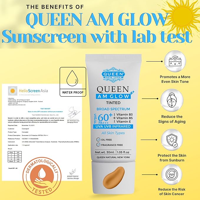 QUEEN AM GLOW | TINTED SunScreen SPF 60 Primer-Anti Aging, Face Moisturizer- Vitamin B3, B5, E- Non-Greasy, Silky Touch, oil free, fragrance free by QUEEN NATURAL NEW YORK (Pack of 1)