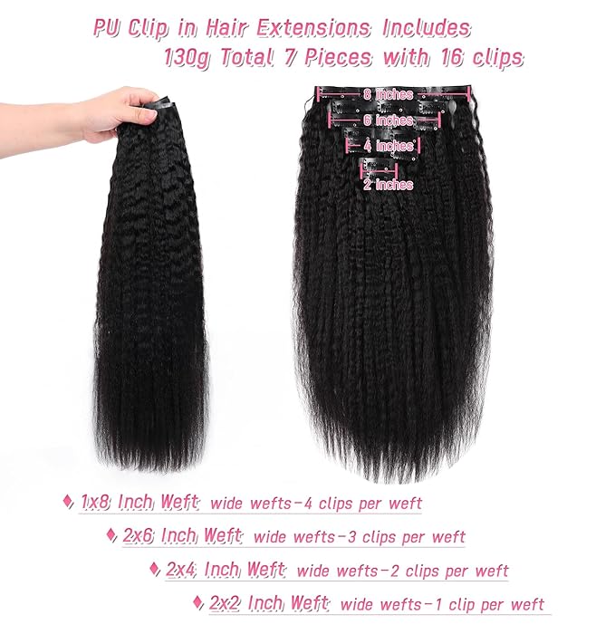 Essent Seamless Kinky Straight Clip in Hair Extensions Real Human Hair 16 Inch 7Pcs 130g Kinky Clip Ins Full Head Brazilian Remy Hair Extensions for Natural Black Double Weft Clip In
