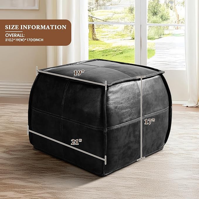Leather Ottoman,Handmade Stuffed Square Ottoman,Genuine Leather Pouf, Foot Rest Pouf,Comfortable Soft Seating for Living Room & Bedroom (Black, Square)