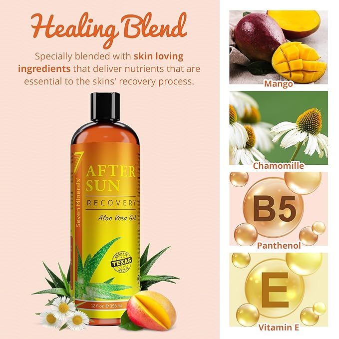 NEW Recovery After Sun Gel with Aloe Vera - For Skin & Face with Instant Sunburn Relief. Unlike Regular Aftersun Lotion, Ours Is Made From Freshly Cut Texas Aloe. With Mango & Chamomile (12 Fl Oz)