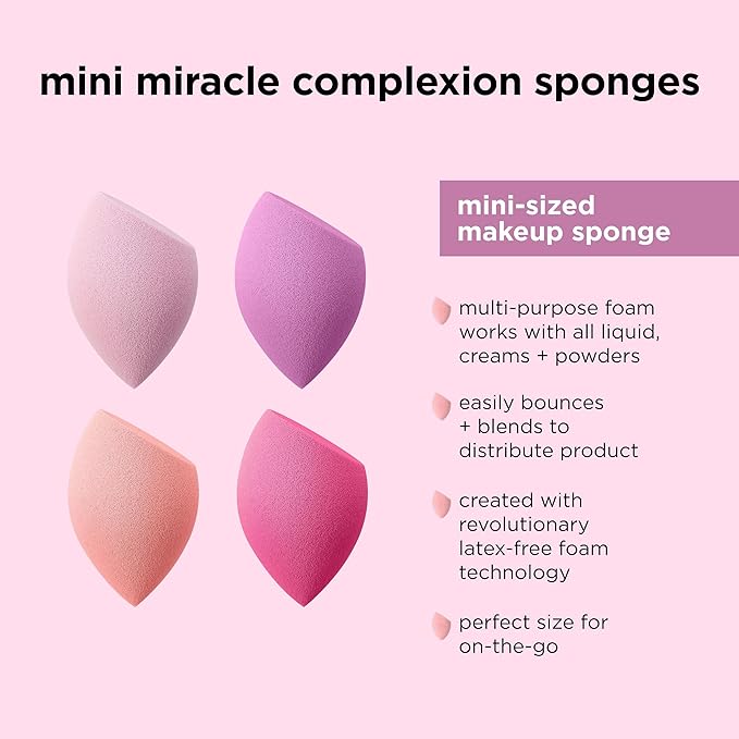 Real Techniques Mini Miracle Complexion Sponge 4 Pack, Small Makeup Blending Sponges, For Foundation & Concealer, Mini Size for Under Eyes & Touch-Ups, Travel Friendly, Natural Makeup, Latex-Free