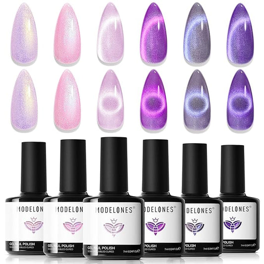 modelones Cat Eye Gel Nail Polish, 6 Colors Purple Pink Glitter Gel Polish Set with Magnet Sparkle Galaxy Series Nail Polish Kit Soak Off Led Nail Art Manicure Salon DIY Gifts