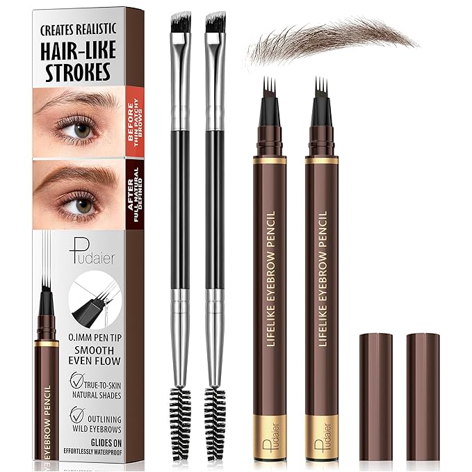2 Pack 4-Tip Microblading Eyebrow Pen with 2 Brow Brushes, Waterproof Vegan Formula Eyebrow Pencils for Women to Effortlessly Create Natural Hair-Like Strokes, All-Day Wear (Black Brown)
