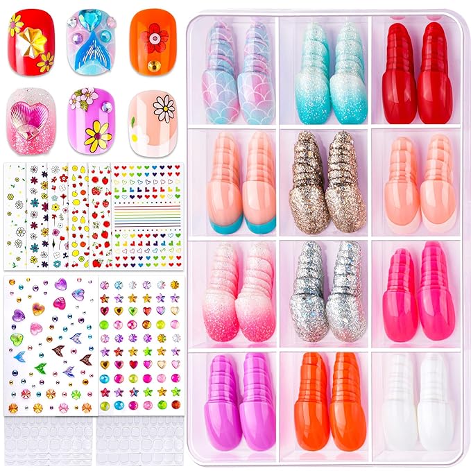 FANDAMEI Press On Nails for Girls, 12 Style Press On Nails for Kids, 6 Sheet Heart Fruit Flower Nail Stickers for Kids, 3D Rhinestone Stickers Face Gems Mermaid Colorful, Nail Art Kit for Girls