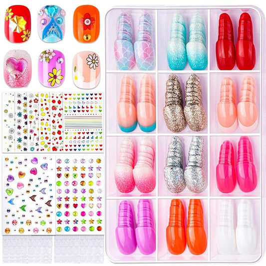 FANDAMEI Press On Nails for Girls, 12 Style Press On Nails for Kids, 6 Sheet Heart Fruit Flower Nail Stickers for Kids, 3D Rhinestone Stickers Face Gems Mermaid Colorful, Nail Art Kit for Girls
