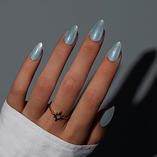 KQueenest Cat Eye Press On Nails Short, Acrylic Press On Nails Almond, Sparkle Pastel Soft Blue Fake Nails With Glue, Recycled Soft Gel Glue On Nails for Woman, Long-Lasting Glitter Effect, 30 Pcs