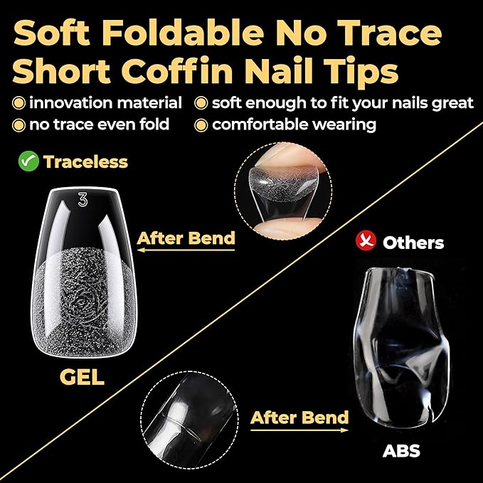 UNA GELLA Short Coffin Nail Tips 600Pcs, Short Coffin Gel Nails Tips Pre Etched 12 Sizes Soft Gel Fake Nails Tips Pre-file Full Cover for Nail Extension Home DIY Salon with Box