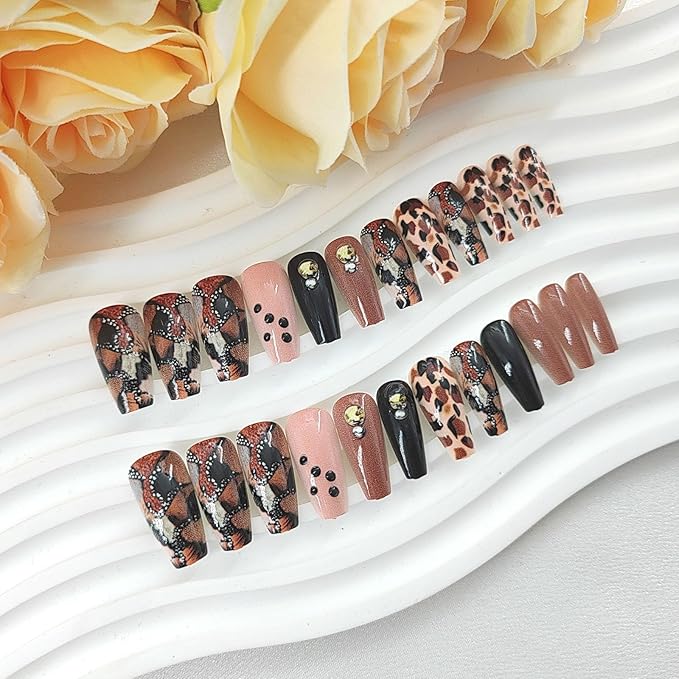 Coffin Press on Nails Medium Fake Nails Brwon Black Full Cover Coffin Nails Press ons with Dot Leopard Design Patterns Glue on Nails Glosy False Nails Cute Artificial Stick on Nails for Women 24Pcs