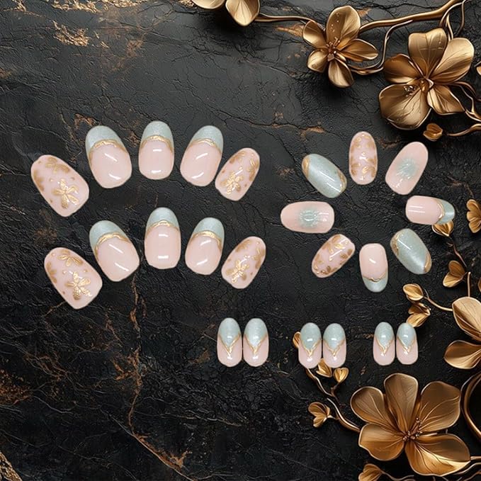 3D Flower Press on Nails Glossy Green Short Oval False Nail 24Pcs Gold Leaves Press ons Fingernails Curve Line Gel Glue on Acrylic Fake Nails French Tips Stick on Nail for Holiday Manicure Art