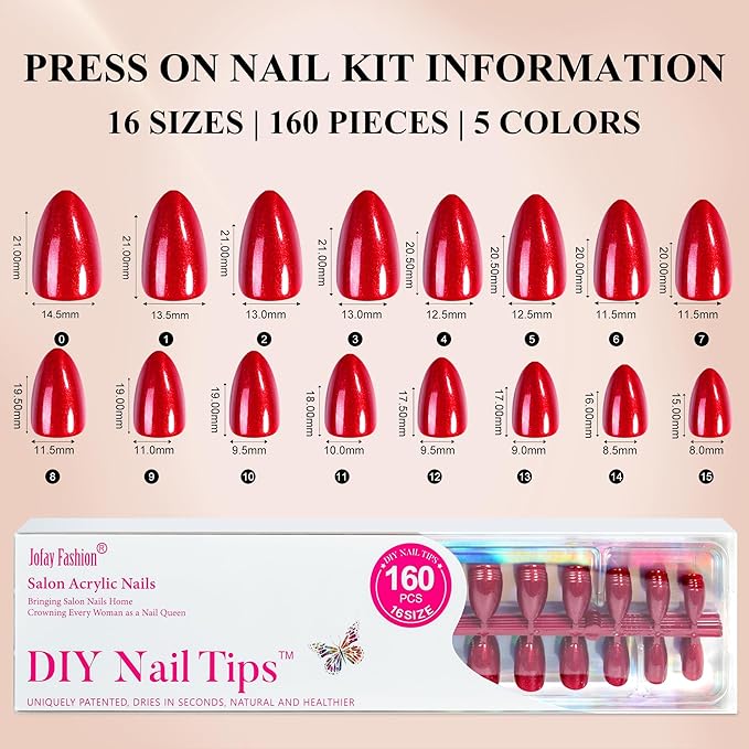 Red Press on Nails Short, Jofay Fashion 160Pcs Almond Glitter Press On Nails, Elegant Acrylic Fake Nails, Reusable Glue on Nails Stick on Nails for Women, Salon Quality, Valentines Nails