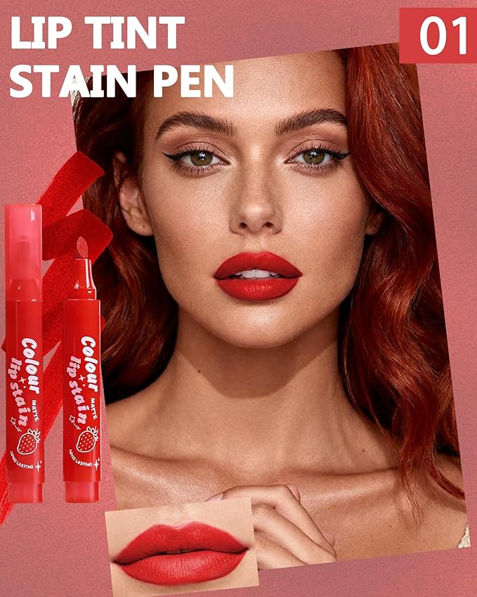 Lip Tint Stain Pen, Red Waterproof Long Lasting Matte Lip Liner Stain Pencil, High-Pigmented Quick Dry Liquid Lipstick, Non Sticky Cup Smudgeproof Lip Tint Gloss, Christmas Makeup Gift for Women-01