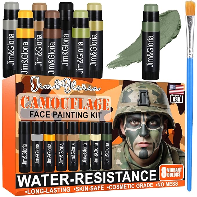 Jim&Gloria Water-Resistant Hunting Camo Face Paint Sticks - 8 Colors Camouflage Face Painting Kit Military Stuff Shooting Game Airsoft, Paintball, Tactical Gear, Eye Black Baseball, Softball, Football