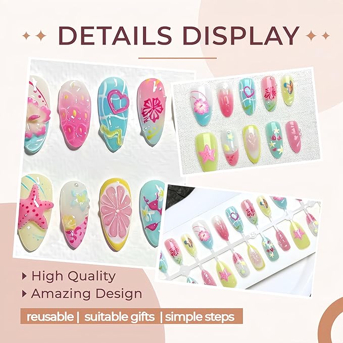3D Flower Summer Press on Nails Medium Almond Fake Nails with Heart Butterfly Lemon Designs Starfish False Nails Full Cover Artificial Glue on Nails Handmade Acrylic Nails Stick on Nails for Women