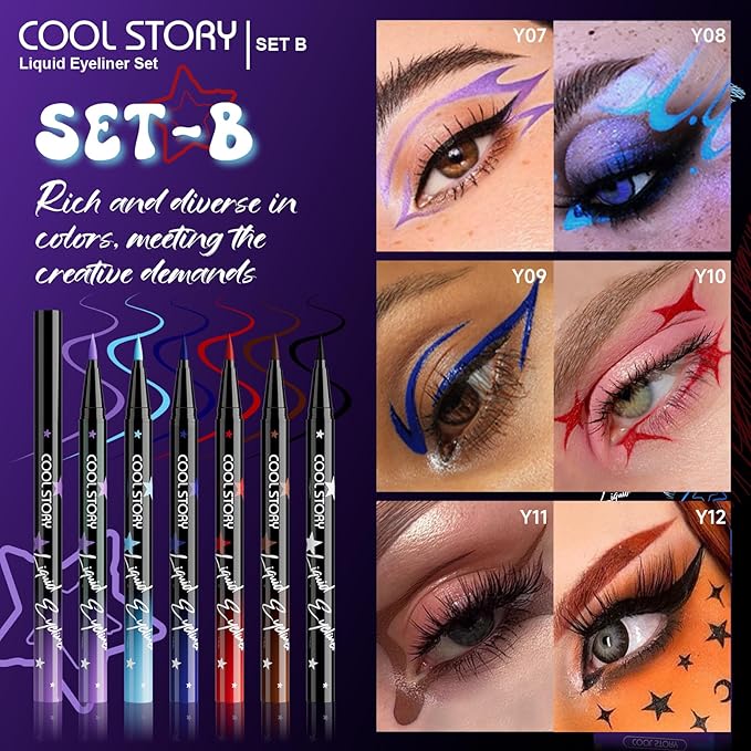 Liquid Eyeliner Waterproof Smudge Proof Colorful Eye Liner 24H Long-Lasting Makeup (SET-B)