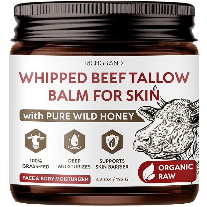 Beef Tallow for Skin - Whipped Grass-Fed Moisturizer with Wild Honey & Beeswax, Natural Face & Body Care, Deep Hydration, Anti-Aging, Sensitive Skin Safe, 100% Organic Balm