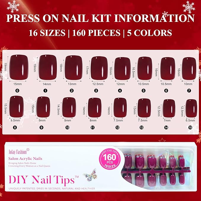 Press on Nails Short 5 Colors, Jofay Fashion 160Pcs Winter Fake Nails, Valentines Press on Nails Square, Natural Reusable Glue On Nails for women Gift, Soft Gel Nail Kit in 16 Sizes