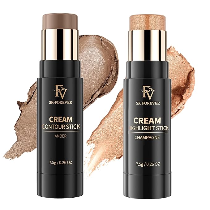 FV Cool Toned Contour and Highlighter Stick - Highly Pigmented & Blendable Duo for a Sculpted, Natural Glow | Waterproof & Long-Lasting Finish | Perfect for On-The-Go Makeup, 01 Amber & 03 Champagne