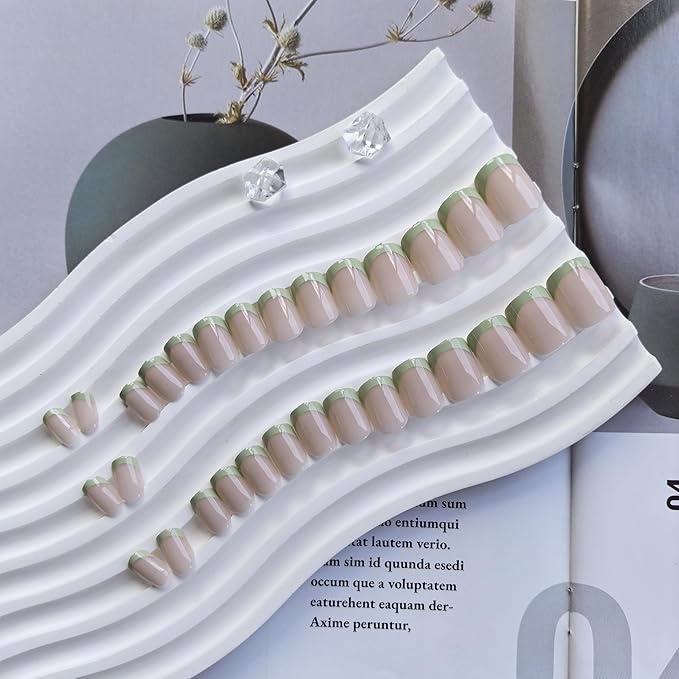30 Pcs Light Green French Tip Press on Nails Short Square, Acrylic Fake Nails Press ons with Glue, Small Coffin Acrylic Natural Nude Glue on Nails for Women, 15 Sizes