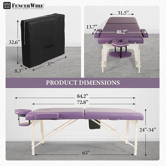 Fencer Wire 84 Inch Premium Memory Foam Massage Table, Foldable Spa Bed, Height Adjustable, Facial Cradle Salon Bed, Purple, 32 Inch Wide